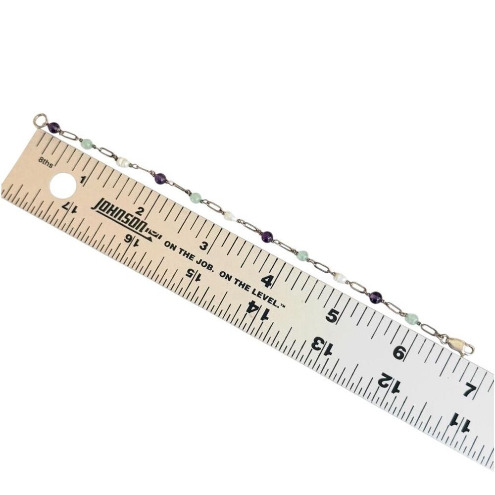 Sterling Silver Amethyst Aquamarine Freshwater Pearl Link Bracelet - Picture 9 of 9